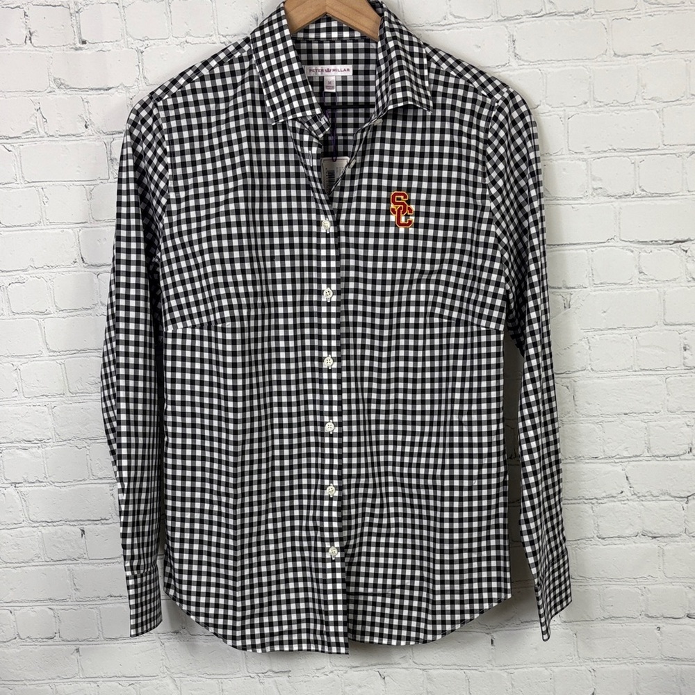 PETER MILLAR USC NEW Women's Black White Checkered Button Blouse size medium